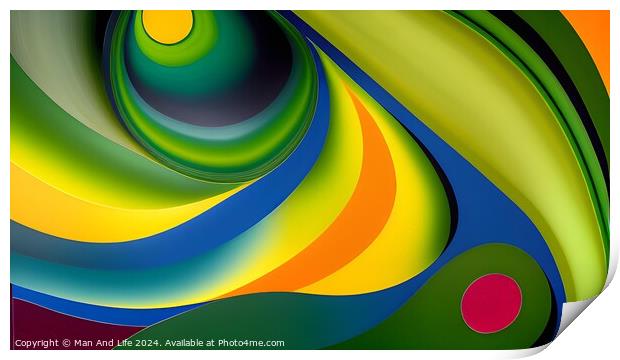 Abstract colorful waves pattern with a vibrant palette of green, yellow, blue, and red, ideal for backgrounds and graphic design. Print by Man And Life