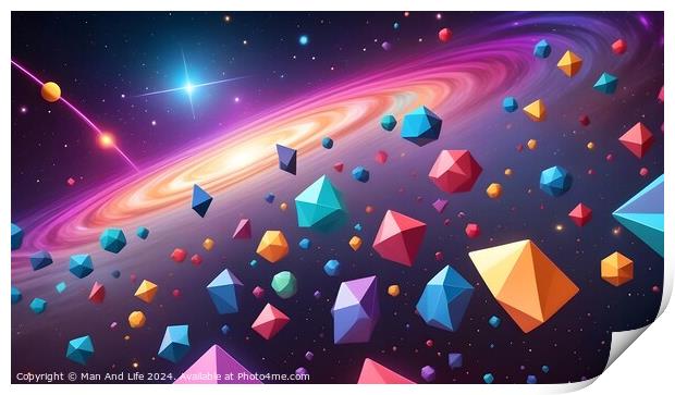 Colorful digital illustration of a vibrant galaxy with floating geometric shapes and a bright starburst. Print by Man And Life