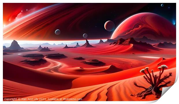 Surreal alien landscape with red sand dunes, bizarre rock formations, and multiple moons in a vibrant red sky, depicting an extraterrestrial desert scene. Print by Man And Life