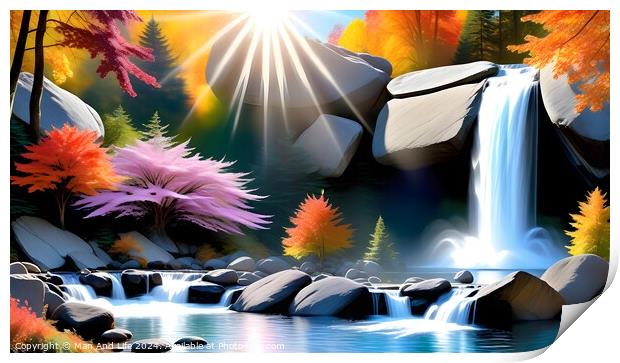 Vibrant digital artwork of a serene waterfall with sunbeams piercing through autumn foliage, reflecting on a tranquil river surrounded by rocks. Print by Man And Life
