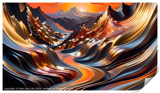 Abstract wavy landscape with vibrant colors, resembling mountains and valleys in a surreal, artistic depiction. Print by Man And Life