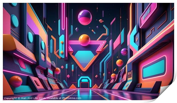 Futuristic neon cityscape with abstract shapes and floating orbs in a vibrant cyberpunk alleyway. Print by Man And Life