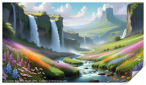 Fantasy landscape with vibrant waterfalls, river, and colorful flora under a bright, sunny sky. Print by Man And Life