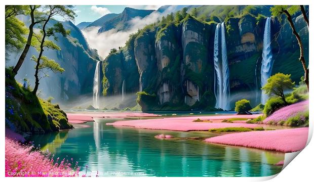 Scenic view of majestic waterfalls with pink flower fields by a tranquil river and lush green cliffs. Print by Man And Life