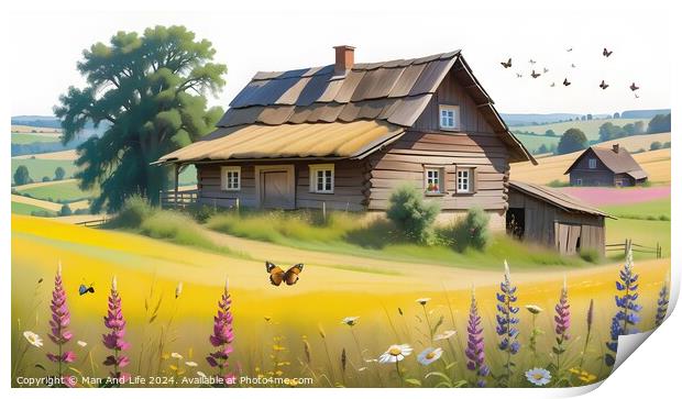Idyllic rural landscape with a wooden cottage, blooming flowers, and birds in a serene countryside setting. Print by Man And Life