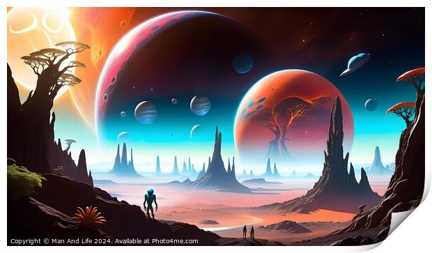 Surreal alien landscape with towering rock formations, multiple moons, and a couple gazing at the horizon under a starry sky, evoking adventure and exploration. Print by Man And Life