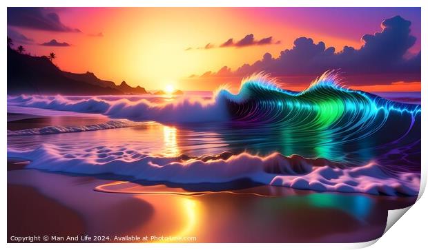 Vibrant digital wave with neon colors on a serene beach at sunset. Print by Man And Life