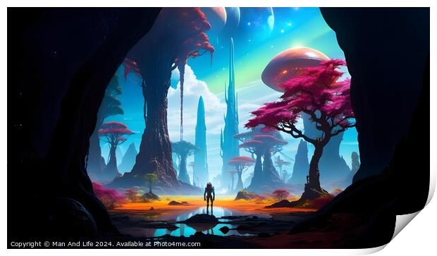 Surreal fantasy landscape with a lone figure standing before a vibrant alien world, featuring colorful skies, exotic trees, and mysterious rock formations. Print by Man And Life