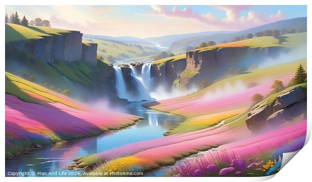 Idyllic landscape with waterfalls, river, and colorful fields under a soft, sunny sky. Print by Man And Life