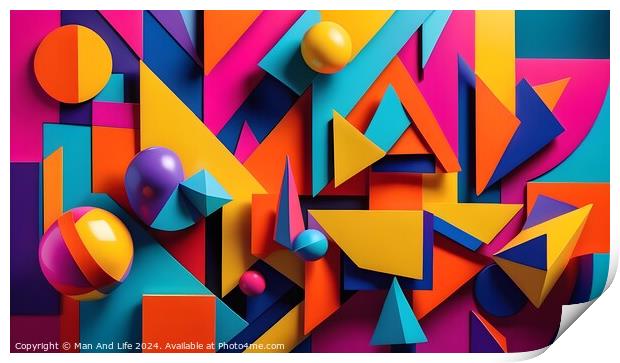 Abstract colorful background with geometric shapes and spheres. Vibrant 3D composition. Print by Man And Life