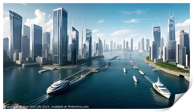Futuristic cityscape with skyscrapers and waterways, modern boats cruising under clear skies. Print by Man And Life