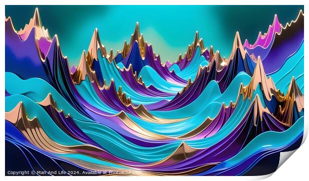 Abstract colorful wave patterns with a dynamic and fluid 3D effect on a teal background. Print by Man And Life