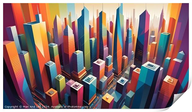 Colorful abstract cityscape illustration with geometric skyscrapers and vibrant hues, suitable for modern urban design concepts. Print by Man And Life
