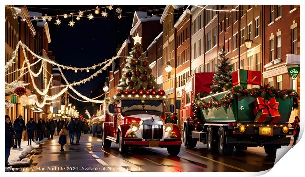 Festive holiday street with Christmas lights and decorations, featuring a tree and gifts on a vintage truck. Print by Man And Life