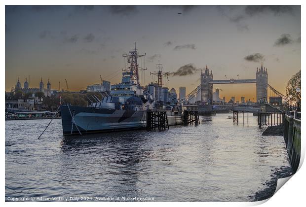 HMS Belfast, moored by Tower Bridge, London Print by Adrian Victory-Daly