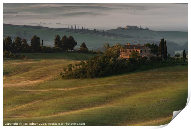 Early morning light on Tuscan hills Print by Paul Edney