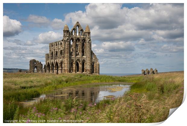 Whitby Abbey with reflection Print by Paul Edney