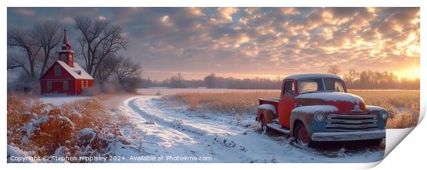 A weather worn American pick-up truck parked near an old church at sunset during winter. Print by Stephen Hippisley