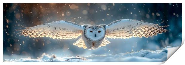 A Snowy owl gliding across the snow. Print by Stephen Hippisley