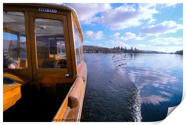 Wooden boat cruising on Windermere, Lake Distict. Print by Phil Brown
