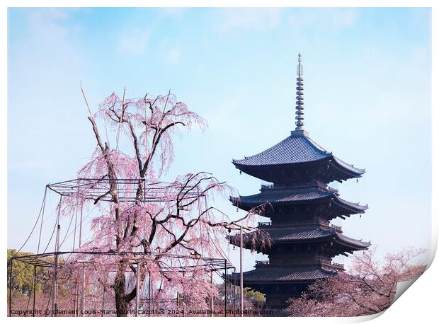 Weeping cherry tree with pink flowers in front of the five-storied pagoda of Toji Temple in Kyoto. Print by Clement Louis-Marie Corin Cazottes
