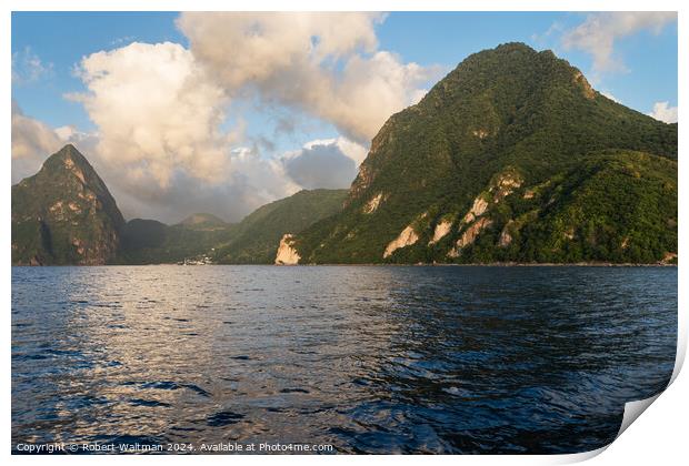 Gros Piton and distant Petit Piton are viewed from the Caribbean Sea. Print by Robert Waltman