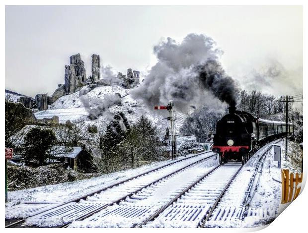 Steam train in snow Print by Sandra  Hawkins 