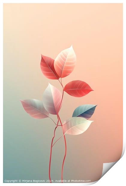 Beautiful cartoon style leaves on pastel background, created wit Print by Mirjana Bogicevic