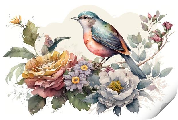Vintage watercolor painting of flowers and bird Print by Mirjana Bogicevic