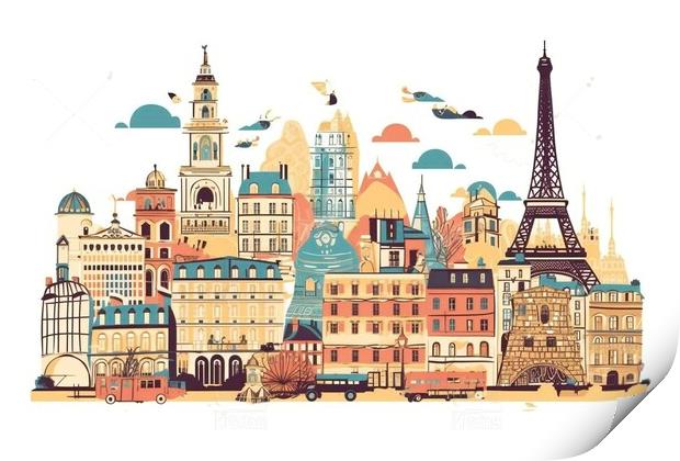 Illustration of landmarks in Paris Print by Mirjana Bogicevic