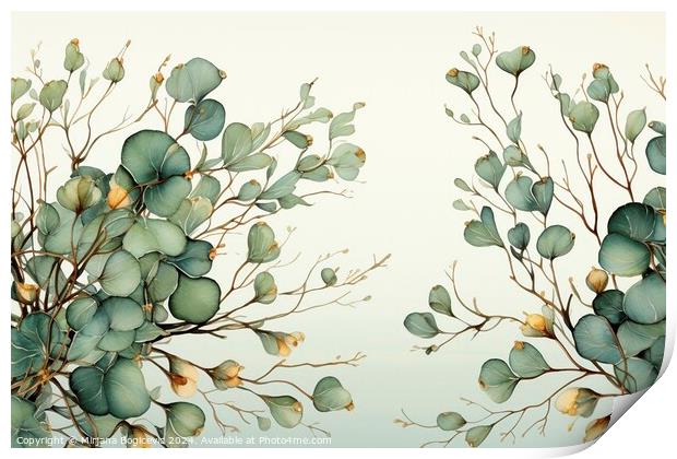 Green foliage border on the white background, created with gener Print by Mirjana Bogicevic