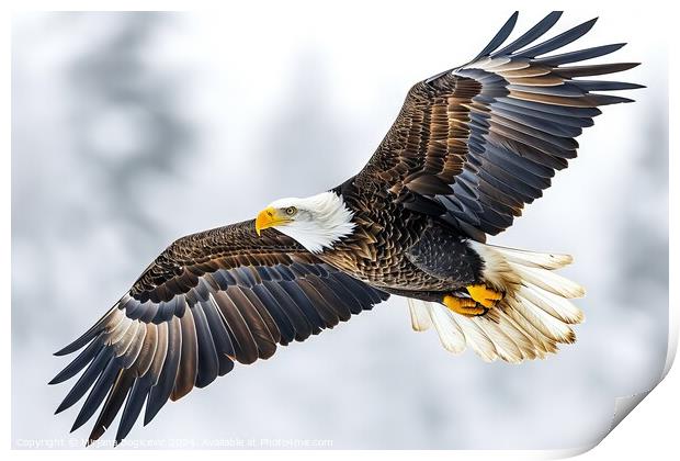 Majestic Bald Eagle Soaring Gracefully Over a Wintry Landscape in Broad Daylight Print by Mirjana Bogicevic