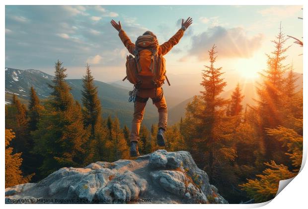 Jubilant Hiker Celebrates Sunset Atop a Mountainous Vista Print by Mirjana Bogicevic