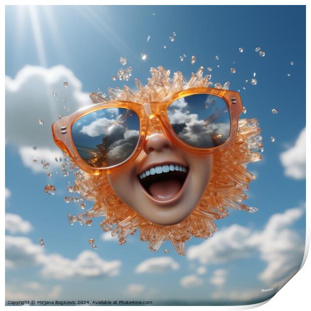 Smiling sun wearing sunglasses  in the sky Print by Mirjana Bogicevic