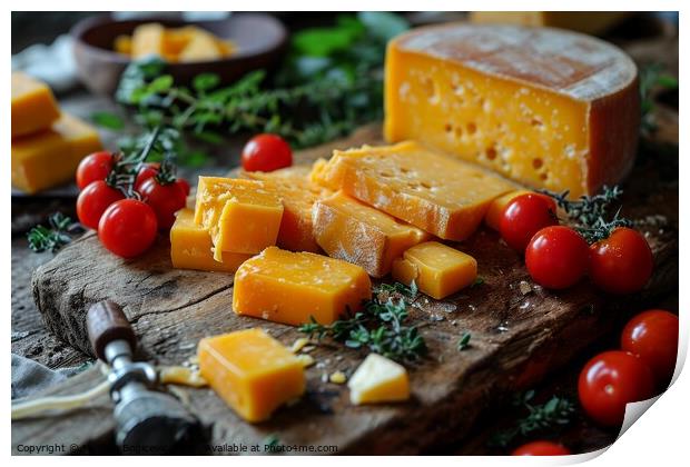 Artisanal  Chedar Cheese Platter Presentation With Fresh Herbs Print by Mirjana Bogicevic