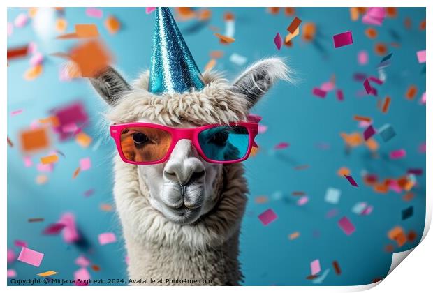 Festive Llama Celebrating in Style at a New Years Eve Carnival Print by Mirjana Bogicevic