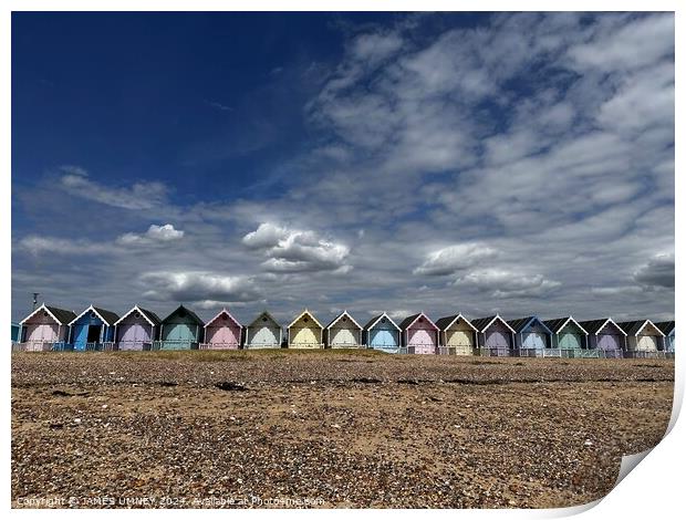 Beach huts in Mersea Print by JAMES UMNEY