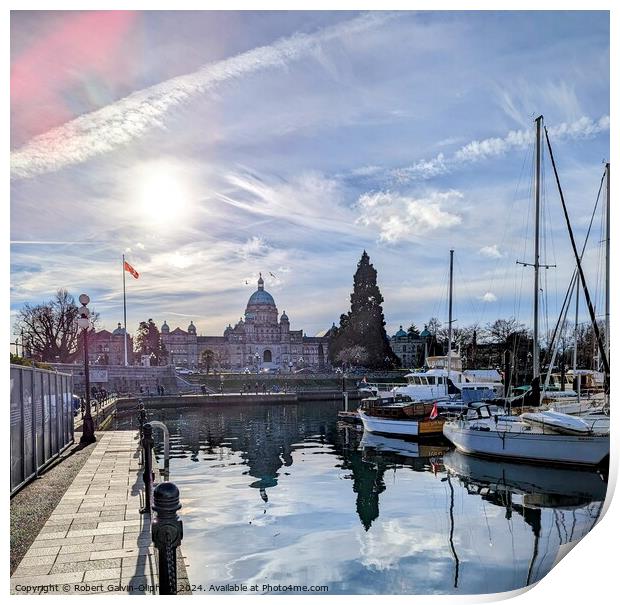 Sun over Victoria BC inner harbour marina Print by Robert Galvin-Oliphant