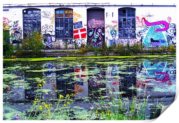 Hackney Canal And Grafitti London Print by val butcher