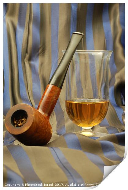 wooden pipe and glass of malt whiskey Print by PhotoStock Israel