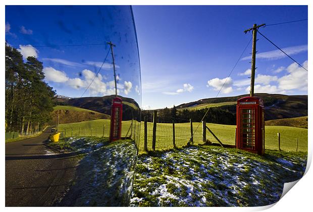 Red phonebooth and Scottish landsape reflecting in Print by Gabor Pozsgai