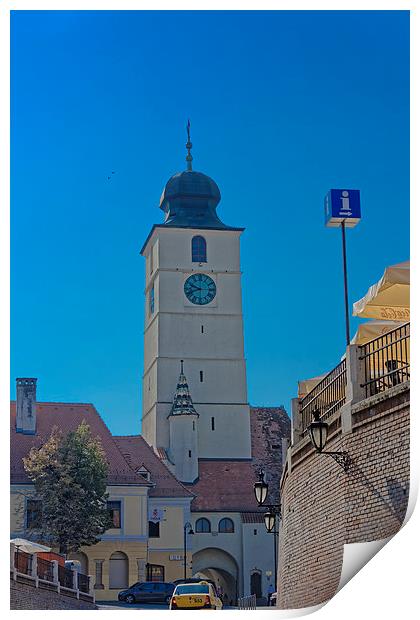 Council Tower Sibiu Romania tower on blue sky Print by Adrian Bud