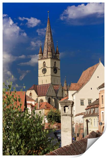 Evangelical Cathedral Sibiu Romania tower on inten Print by Adrian Bud