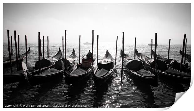 Gondolas docked on a Venetian canal  Print by Moty Dimant