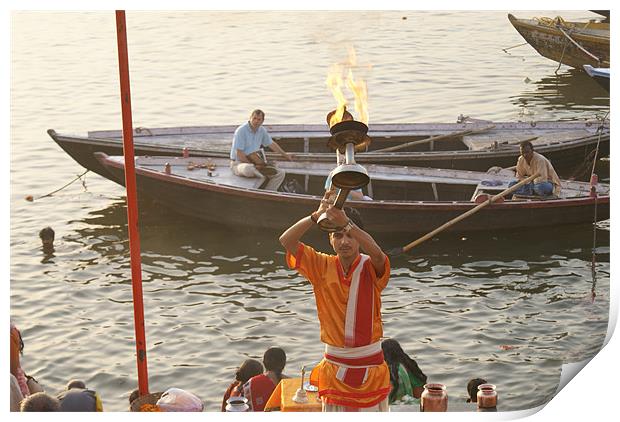 Aarti(worshiping) on the Ghats Print by Shraddha Rajgarhia