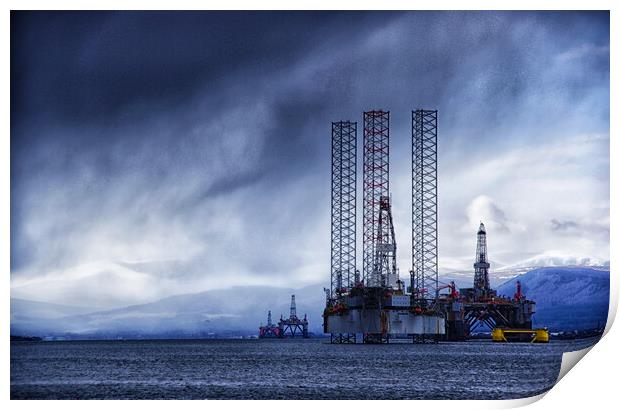 Oil rigs sheltering from a late winter storm, Cromarty Firth Print by Jacqi Elmslie