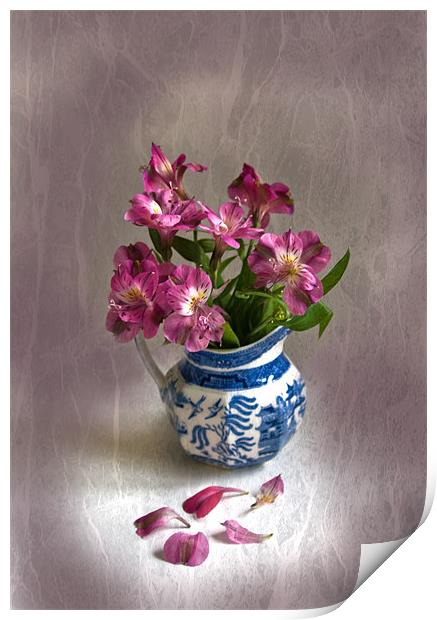 Pink Flowers and Blue Jug Print by Jacqi Elmslie