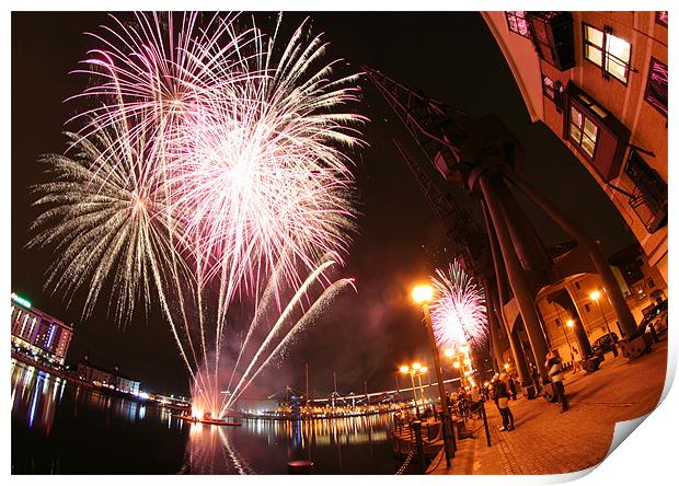 Fireworks over Royal Victoria Dock, London Print by Clare Moran