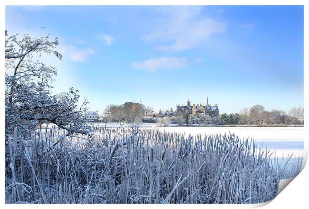Lurgan Castle and lake frozen, County Armagh Print by David McFarland