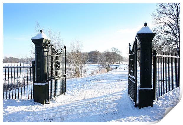 The Gates to a frozen Lurgan Park, County Armagh Print by David McFarland